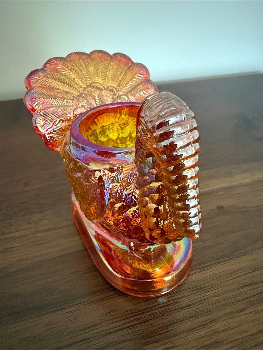 Mosser Glass Marigold Carnival Turkey toothpick holder